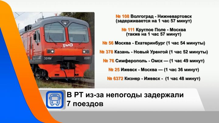 В Татарстане из-за непогоды задержались шесть поездов и электричка